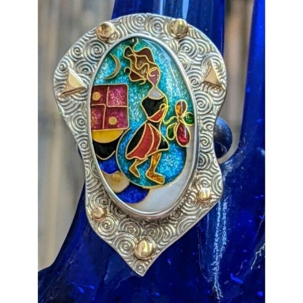 Alexa & Peter Smarsh Sterling Silver 14k Gold Cloisonne Enamel Ring Size 7 *Read